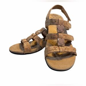 Vionic Gold Cork Adjustable Strap Sandals& square enamel trim beads Women Size 7